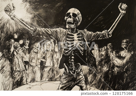 A skeleton is dancing in front of a crowd of people. Scene is celebratory and fun A skeleton is dancing in front of a crowd of people. Scene is celebratory and fun 128175166