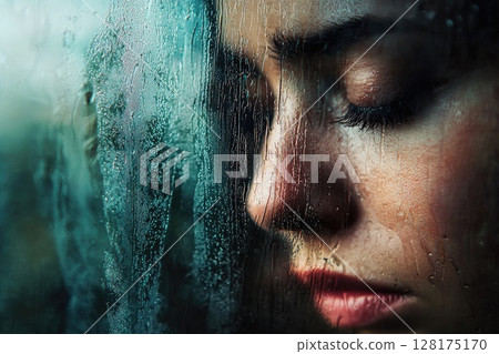 A woman with her eyes closed and a sad expression on her face, giving it a melancholic and introspective mood A woman with her eyes closed and a sad expression on her face, giving it a melancholic and introspective mood 128175170