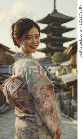 Japanese people in kimonos take a commemorative photo with Hokanji Temple in the background, Kyoto Japanese people in kimonos take a commemorative photo with Hokanji Temple in the background, Kyoto 128175397
