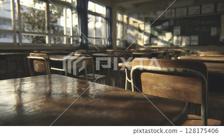 沐浴在夕陽下的空教室營造出懷舊的氛圍 128175406