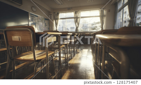 沐浴在夕陽下的空教室營造出懷舊的氛圍 128175407