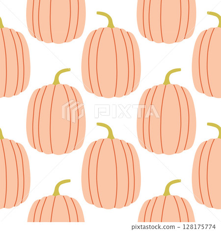 Pumpkins seamless pattern. Autumn isolated pink pumpkin on white background. Square repeat pattern flat design for fall season. 128175774