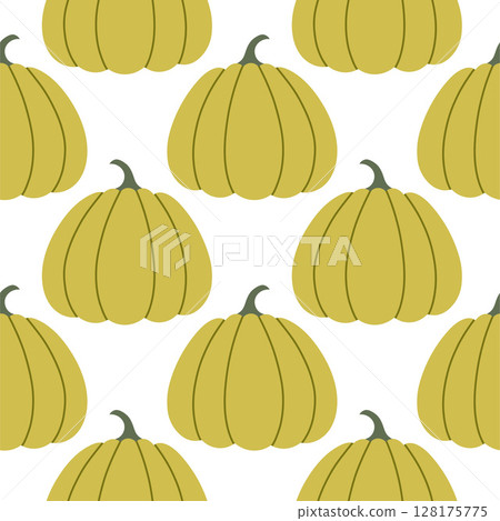 Pumpkins seamless pattern. Autumn isolated green pumpkin on white background. Square repeat pattern flat design for fall season. 128175775