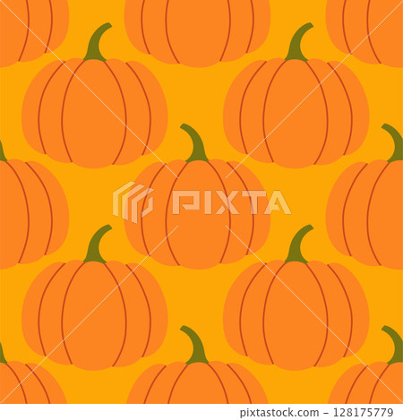 Pumpkins seamless pattern. Autumn isolated orange pumpkin on yellow background. Square repeat pattern flat design for fall season. Pumpkins seamless pattern. Autumn isolated orange pumpkin on yellow background. Square repeat pattern flat design for fall season. 128175779