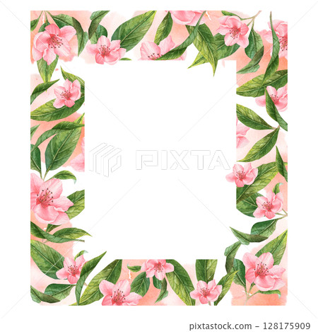 Watercolor frame with flowers. peaches, nectarines. 128175909
