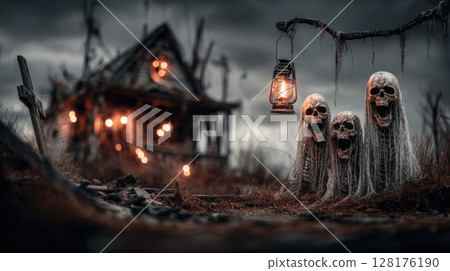 Eerie skulls with lanterns in haunted landscape create spooky atmosphere 128176190