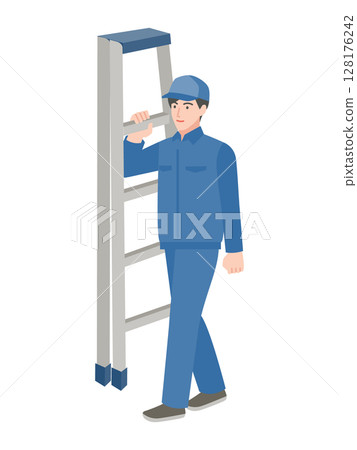 Male worker carrying a stepladder 128176242