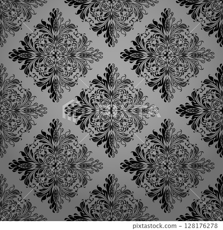 Floral pattern. Seamless vector background. Vintage wallpaper in the Baroque style. Gray and black ornament for fabric, wallpaper, packaging. Ornate Damask flower illustration Floral pattern. Seamless vector background. Vintage wallpaper in the Baroque style. Gray and black ornament for fabric, wallpaper, packaging. Ornate Damask flower illustration 128176278