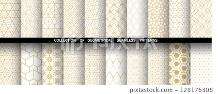 Geometric set of seamless golden and white patterns. Simple vector graphics Geometric set of seamless golden and white patterns. Simple vector graphics 128176308