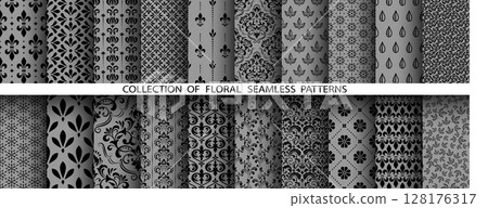 Geometric floral set of seamless patterns. Gray and black vector backgrounds. Damask graphic ornaments Geometric floral set of seamless patterns. Gray and black vector backgrounds. Damask graphic ornaments 128176317