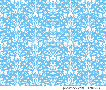 Floral pattern. Seamless vector background. Vintage wallpaper in the Baroque style. White and blue ornament for fabric, wallpaper, packaging. Ornate Damask flower illustration 128176319