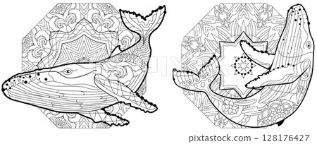Swimming whales for anti stress Coloring Page. 128176427