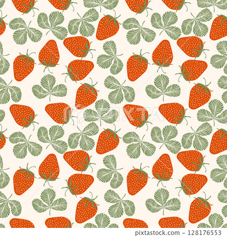 Seamless pattern with strawberry on color background. Natural delicious fresh ripe tasty fruit. Vector illustration for print, fabric, textile, banner, other design. Food concept 128176553