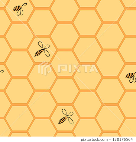 Seamless hexagon pattern with honeycomb. Vector illustration, geometric texture. Design for invitation, cards, textile, fabric. Doodle style Seamless hexagon pattern with honeycomb. Vector illustration, geometric texture. Design for invitation, cards, textile, fabric. Doodle style 128176564