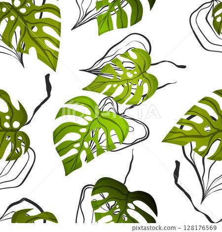 Floral seamless with hand drawn color exotic monstera leaves. Cute summer background. Tropic branches. Modern floral compositions. Fashion vector illustration for wallpaper, fabric, textile 128176569