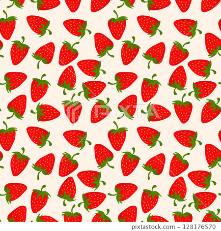 Seamless pattern with strawberry on color background. Natural delicious fresh ripe tasty fruit. Vector illustration for print, fabric, textile, banner, other design. Food concept Seamless pattern with strawberry on color background. Natural delicious fresh ripe tasty fruit. Vector illustration for print, fabric, textile, banner, other design. Food concept 128176570