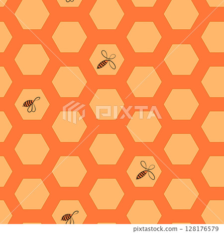 Seamless hexagon pattern with honeycomb. Vector illustration, geometric texture. Design for invitation, cards, textile, fabric. Doodle style Seamless hexagon pattern with honeycomb. Vector illustration, geometric texture. Design for invitation, cards, textile, fabric. Doodle style 128176579