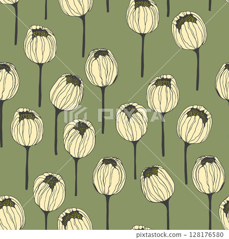 Spring colorful vector illustration with tulips. Cartoon style. Simple minimalistic pattern with nature elements. Vector illustration for fabric, textile, poster, invitation 128176580
