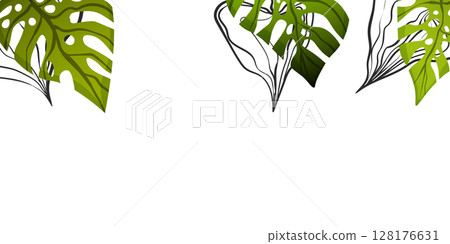 Floral frame with colorful exotic branches on white background. Ornate border with tropic leaves. Vector stock illustration for wallpaper, posters, card. Doodle style. Copy space 128176631