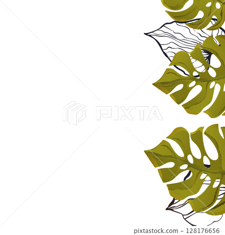 Floral frame with colorful exotic branches on white background. Ornate border with tropic leaves. Vector stock illustration for wallpaper, posters, card. Doodle style. Copy space 128176656