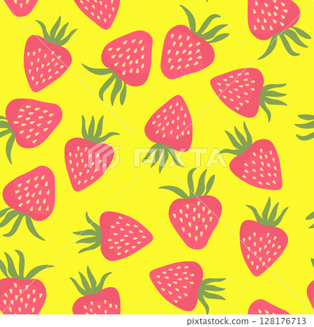 Seamless pattern with strawberry on color background. Natural delicious fresh ripe tasty fruit. Vector illustration for print, fabric, textile, banner, other design. Food concept 128176713