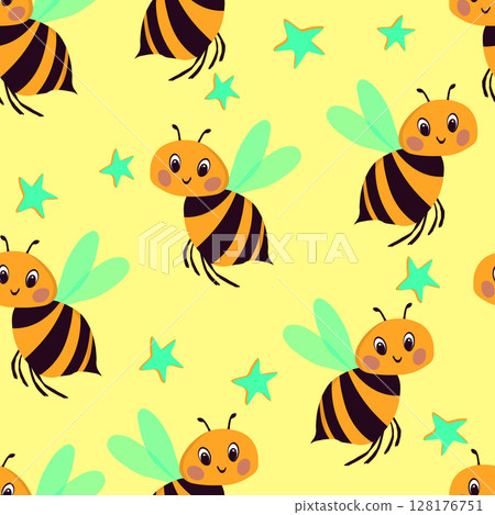 Seamless pattern with bees. Small wasp. Vector illustration. Design for invitation, cards, textile, fabric. Doodle style 128176751