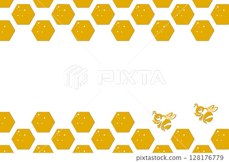 Hexagon pattern with honeycomb, cartoon bees. Vector illustration, geometric texture. Design template for invitation, card. Doodle style. Background with copy space Hexagon pattern with honeycomb, cartoon bees. Vector illustration, geometric texture. Design template for invitation, card. Doodle style. Background with copy space 128176779
