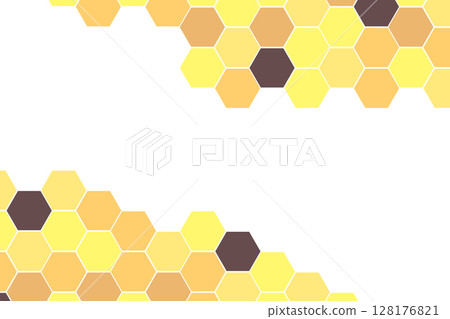 Hexagon pattern with honeycomb, cartoon bees. Vector illustration, geometric texture. Design template for invitation, card. Doodle style. Background with copy space 128176821