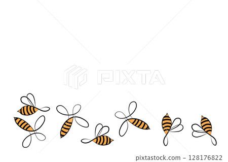 Cartoon bee mascot. Little bee flying. Wasp collection. Vector bumblebee characters. Insect icon. Design template for invitation, card. Doodle style. Background with copy space 128176822