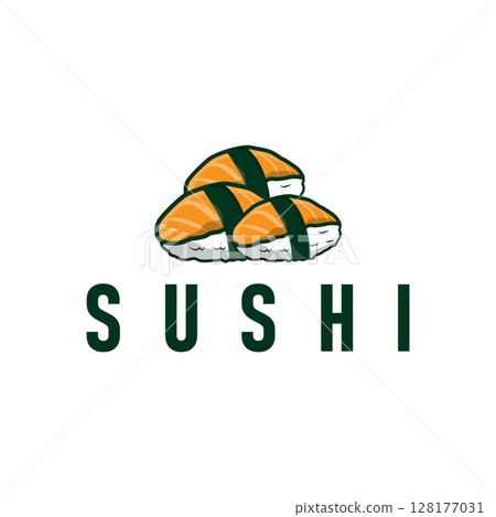 Sushi logo design as a typical Japanese food with an authentic and delicious taste, simple vector template illustration 128177031