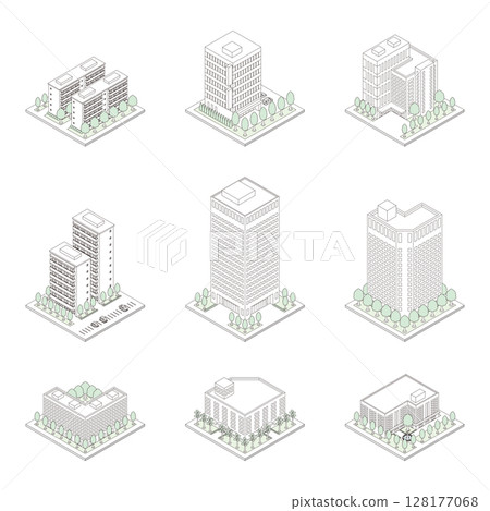 建築的3D插圖。等軸測圖。線條圖。 建築的3D插圖。等軸測圖。線條圖。 128177068