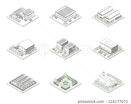 建築的3D插圖。等軸測圖。線條圖。 建築的3D插圖。等軸測圖。線條圖。 128177072