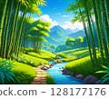 Summer bamboo forest and stream flowing Japanese style landscape illustration / Summer bamboo forest and stream 128177176