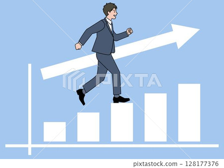 Man climbing up a graph with an upward arrow Man climbing up a graph with an upward arrow 128177376
