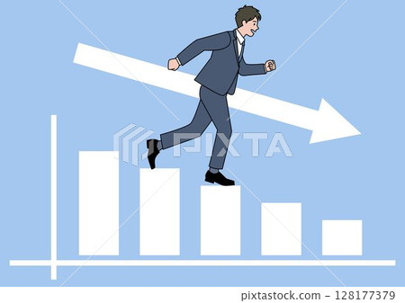 A man climbing down a graph with a down arrow 128177379