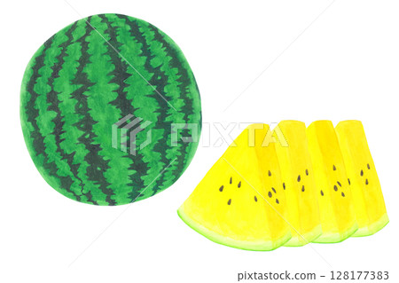 Yellow watermelon watercolor hand drawn illustration 128177383
