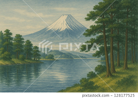 湖邊的富士山與松林風景 | 日本傳統自然風景插畫 128177525