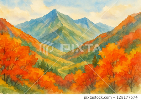 一幅水彩畫描繪了秋葉染成美麗山脈的景象 128177574