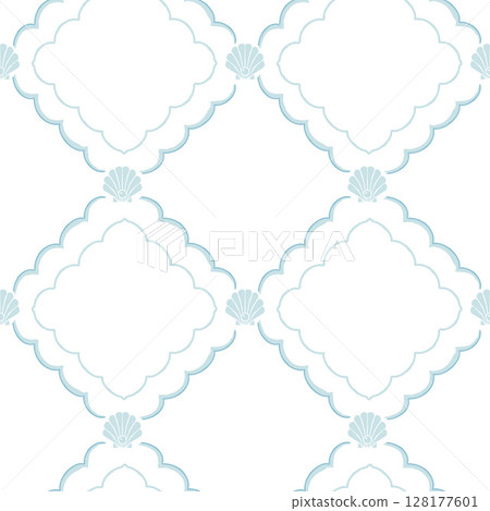 藍色抽象的無縫圖案，帶有貝殼的幾何復古瓷磚 128177601