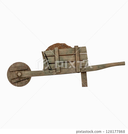 Vintage Wooden Wheelbarrow with Load of Soil Isolated on White Background. 3D Illustration. File with Clipping Path Vintage Wooden Wheelbarrow with Load of Soil Isolated on White Background. 3D Illustration. File with Clipping Path 128177868