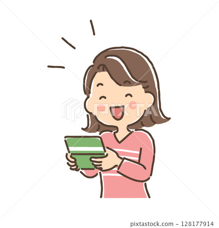 一位年輕女子看著她的存摺，開心地微笑著 128177914