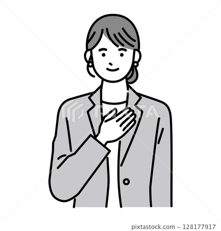 一位身穿西裝、手放在胸前的女人 128177917
