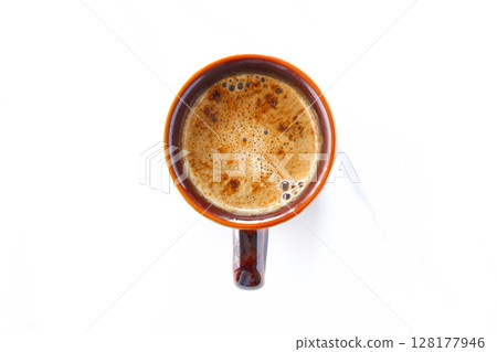 A top-down view of a mug of freshly brewed coffee (café latte) 128177946