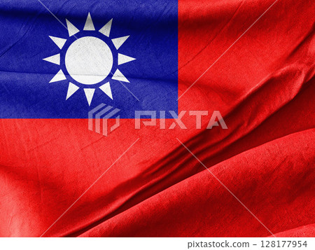 Flag of Taiwan Depicted Waving with Blue and Red Striped Background 128177954