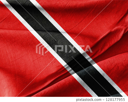 Trinidad and Tobago National Flag Wrinkled in Close-Up View 128177955