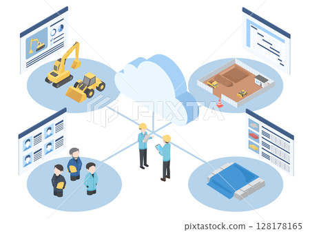 Isometric illustration of construction management data being shared on the cloud 128178165