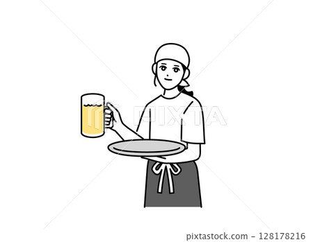 一名女酒吧服務生端著啤酒 128178216