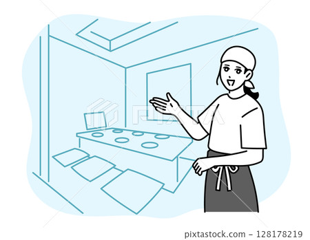 A female bar attendant showing a customer to a tatami room A female bar attendant showing a customer to a tatami room 128178219