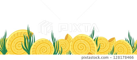 Seamless border with yellow shells and green seaweed at the bottom 128178466
