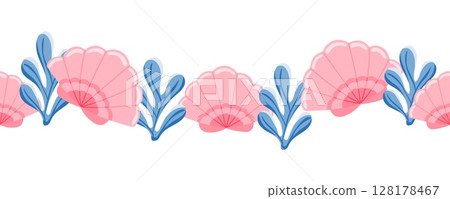 Seamless border with pink shells and blue seaweed 128178467